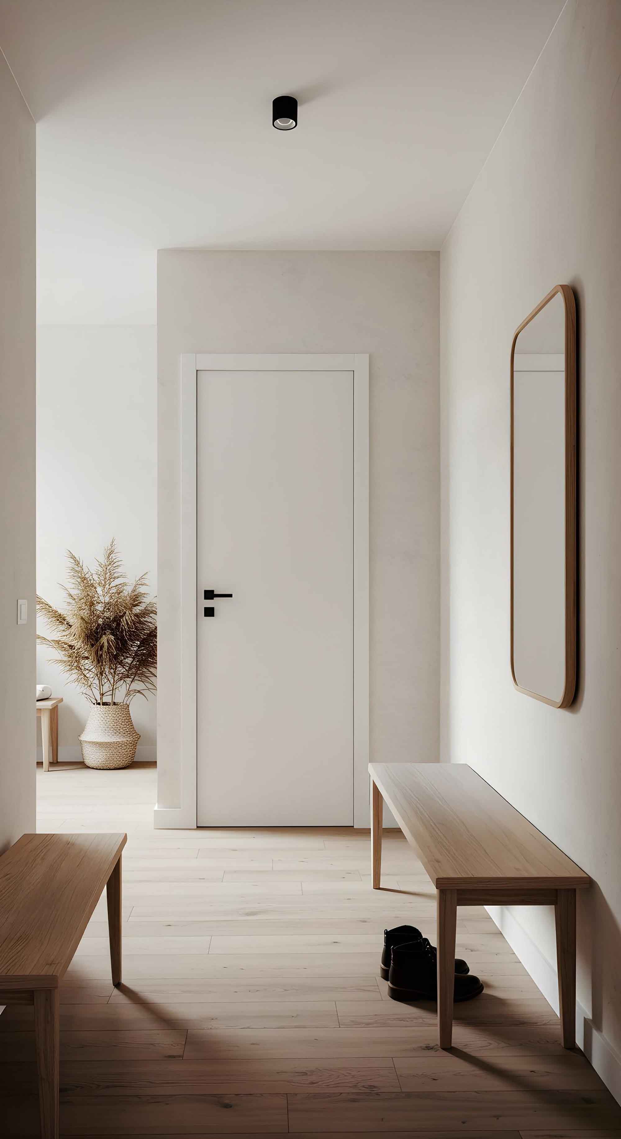 Interior minimalista del pasillo con banco de madera y espejo en Torrox